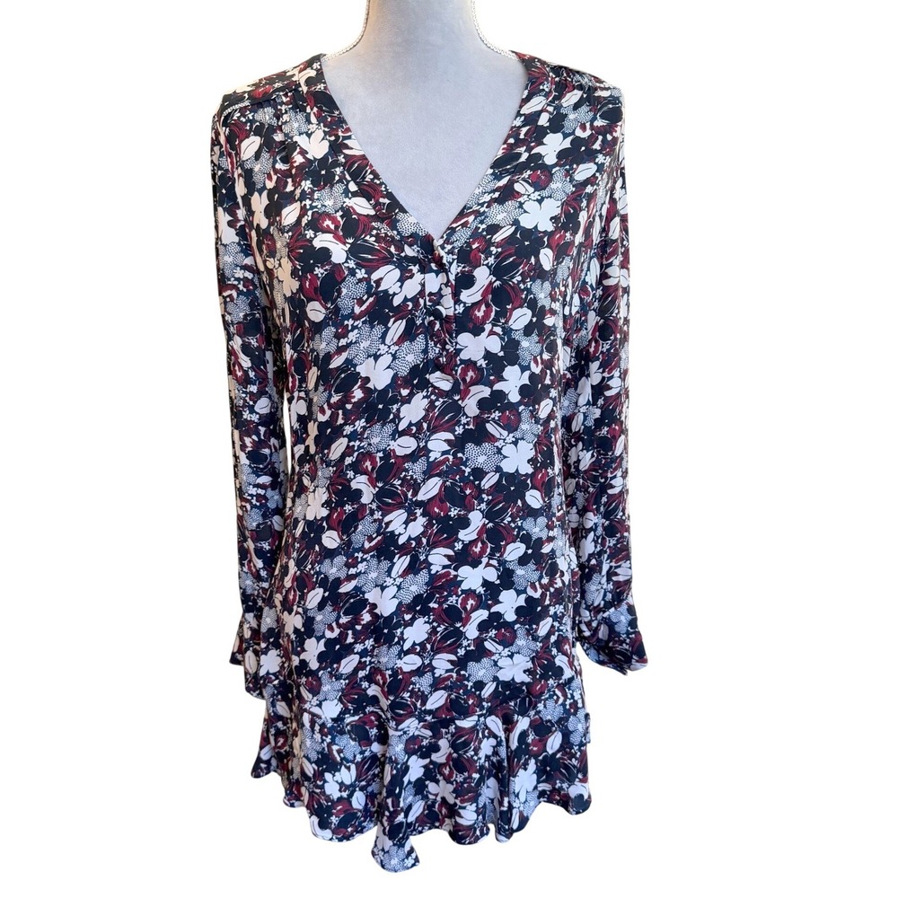 Veronica Beard Franklin Silk Floral V-Neck Ruffle Mini Dress Navy Burgundy 4